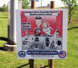Organizers with Citizens for Good Government have until June 24 to gather 2,225 signatures of registered Crossville voters to place a recall effort for council members Danny Wyatt and Pam Harris on the November ballot. Recently, signs promoting their cause have spring up around town. This sign is located at the entrance to Walmart and directs people to the group's Facebook page and website, www.CrossvilleRecall.org.   